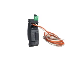 Schneider Electric ST MX spole til fjernudkobling i sort plast med mærkat 'MX 250V'. Produktet har et orange og et hvidt kabel til installation.