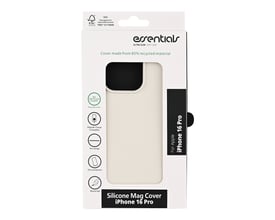 Hvidt silikonecover til iPhone 16 Pro i emballage, der viser MagSafe-kompatibilitet.