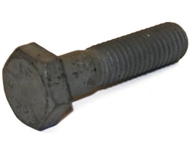 Detaljeret billede af en Jual Solar DIN 931 M12x50mm stålbolt med mørk, varmgalvaniseret overflade.