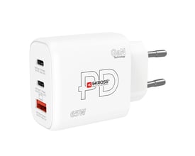 Skross Power Charger EU 65W GaN i hvid, en kompakt oplader med 2 USB-C og 1 USB-A port, designet til hurtig opladning.