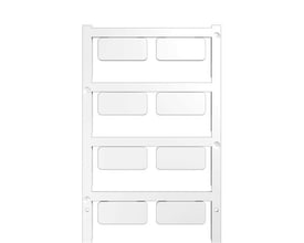 Weidmüller Mærke SM 27/12,5 MC trykknap-etiketter i sølv, lavet af polyamid, vist på en hvid baggrund, uden print.