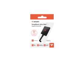 Emballagen til Verbatim SnapBack Ultra Slim ekstern SSD viser den sorte 512 GB-model monteret på en smartphone.