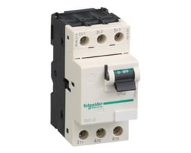 Schneider Electric TeSys GV2 kortslutningsudløser GV2LE08 i hvid og sort, med en grøn og sort omskifter og 4A indstillingsområde.