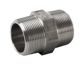 Nærbillede af syrefast brystnippel af rustfrit stål, viser tydeligt de præcise gevind og den sekskantede midterdel.