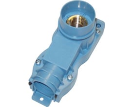 Sanikobling model 2, letvægtsblå plast, med en 15 mm rørindgang og 1/2" indvendigt gevind i messing.