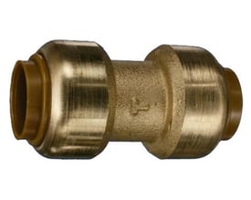 VSH Tectite samlemuffe til 15 mm rør i messingfarvet metal, set fra siden med åbninger i begge ender.