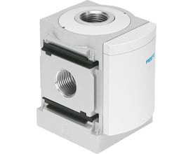 Festo forgreningsmodul MS6-FRM-1/2-I i hvid plast med synlige gevind og integreret kontraventil, med Festo logo på siden.