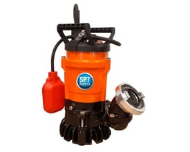 Orange og sort SPT entreprenørpumpe 400 r/ws med en rød svømmer og 2" Storz udgang på hvid baggrund.