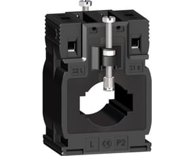 Schneider Electric strømtransformer 150/5A KL1, 7VA i sort plast med tydeligt synlige skruer og mærkninger som S2 L, S1 K og P2.