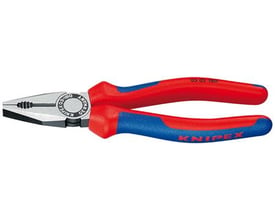 Knipex kombinationstang 180mm med røde og blå greb, vist fra siden på en hvid baggrund.
