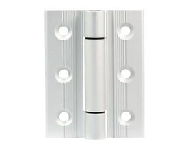 TES/S løst hængsel i hvid aluminium til maskinafskærmninger, med seks monteringshuller og tydelig hængselmekanisme.