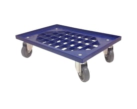 Tente transporttrolley med dimensionerne 605x405x165mm, set fra siden med fokus på de fire drejelige, grå polypropylenhjul.