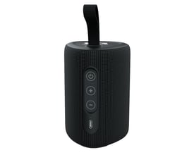 Sort Ironside Mini Bluetooth-højtaler på 6 W set forfra med betjeningsknapper, ladeport og bærestrop.