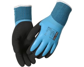 Detaljeret billede af OX-ON Winter Comfort 3309 handskerne i størrelse 9, der viser den dobbelte latexbelægning og godkendelsesmærker tydeligt.