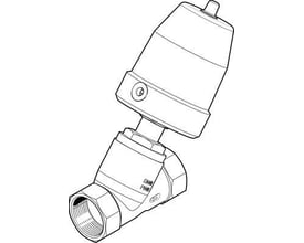 Festo pneumatisk skråsædeventil VZXF-L-M22C-M-A-N114-310-M1-V4V4T-80-25 monteret i en vinkel med tilslutningsgevind og aktuator.