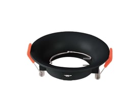 V-Tac Pro GU10 lampefatning, sort og rund, fremstillet af holdbart PC-materiale med orange monteringsklips.