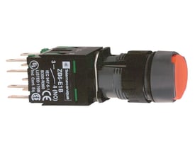 Schneider Electric Tryk XB6 med 16mm diameter, rød trykknap og 1NO-1NC kontakttype, vist med tilslutningsterminaler.