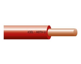 Grøn/gul ledning 1,5 H07V-U med kobberleder og rød PVC-isolering, mærket ICEL - H07V-U.