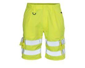 Bagfra af Mascot Pisa HI-VIS shorts i gul, der viser de reflekterende striber og forskellige lommer for funktionalitet.