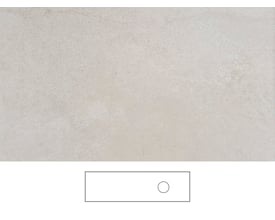 Beige Jura-bordplade fra Svedbergs med let mønstret overflade; en skitse viser bordpladen med rund udskæring.