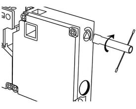Illustration af en trekantnøgle M5, 100mm, der bruges til at åbne et trekantet panel på et elektrisk kabinet.