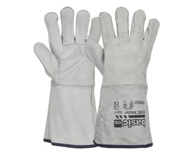 BASIC Welder svejsehandsker i størrelse 11, fremstillet af gråt oksespalt med lang krave og hvid baggrund.