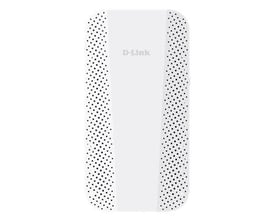 Hvid D-Link SE30/E Wi-Fi-forstærker med Wi-Fi 6 og AX3000 ses forfra med perforerede sider.