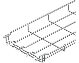 Nærbillede af OBO Bettermann Magic gitterbakke GRM55/200 EZ, viser samlingsmekanismen og trådstrukturen i el-forzinket stål.