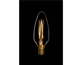 DANLAMP kirkekerte LED-pære med E14-fatning, klart dråbeformet glas og synlige, varmt lysende filamenter.