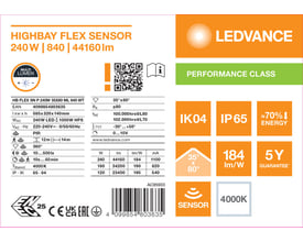 Teknisk mærkat for Ledvance High Bay Flex lineararmatur med sensor, 240 W, 44160 lm og spredning på 35 x 80°.