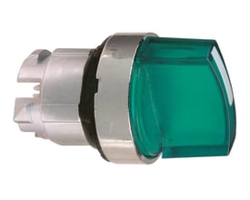 Sidevisning af Schneider Electric grønne drejegreb med lys, ZB4BK1233, monteringsmekanisme og kromfront tydeligt synlige.