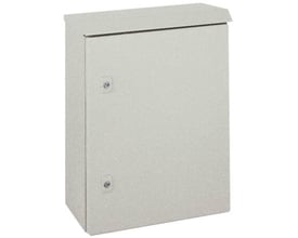 Schneider Electric Regntag B400xD200mm universalkabinet med enkeltdør, fremstillet i grå metal med synlige låse.