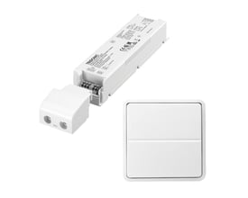 Jumitech 60W/24V LED driver med trådløst tryk til Fuga fra Lauritz Knudsen på hvid baggrund.