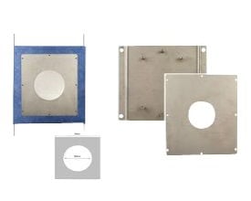 Grohe lækageboks i rustfrit stål til indbygning, ø70mm, med tilbehør og dimensionstegning.