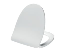 SaniScan Soft Sign toiletsæde i hvid, med blødt lukke-funktion og nem rengøring, viser sædets form.