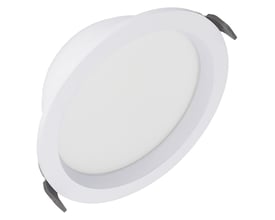 Hvidt Ledvance Comfort HE downlight-armatur med rund opal diffuser og fjederclips, vist skråt forfra.