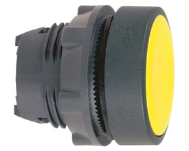 Bagfra visning af Schneider Electric Harmony Style 5 trykknaphoved, model ZB5AA5, med klikmontering og gul knap.