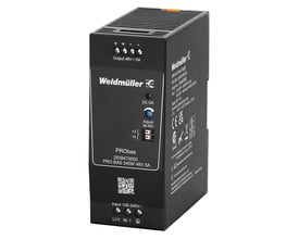 Weidmüller PRObas strømforsyning 48VDC 5A med 240W effekt, vist fra siden med detaljerede mærkninger og specifikationer.