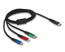 Delock 3-i-1 USB ladekabel i sort, 1 meter, med USB-C han og tre stik: Lightning, USB-C han og Micro USB-B han.
