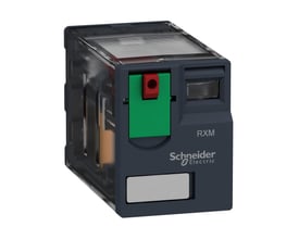 Schneider Electric RXM stikbensrelæ, 6A, 4CO, 240VAC, med grøn og rød betjeningsknap og mærket RXM.