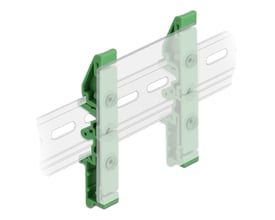 DeLock DIN-skinneclips til printkort, 85 mm, vist monteret på en metalskinne.