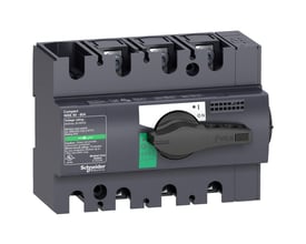 Schneider Electric Interpact INSE80 lastafbryder, 40A, 3-polet, med drejehåndtag for ON/OFF funktion, monteret på DIN-skinne.