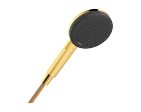 Hansgrohe Raindance Alive S håndbruser i skinnende guld med et stort, rundt brusehoved med grå gummidyser.