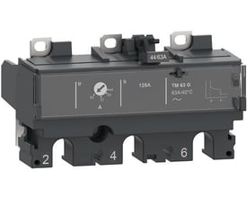 Schneider Electric TM25G 3-polet termomagnetisk relæenhed til NSX100-250 afbrydere, vist med dens mærkninger og tilslutningspunkter.