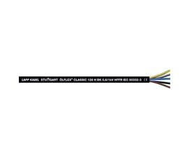 Lapp Olflex Classic 128 H BK kabel med 5G2,5 ledere, 0,6/1kV spænding og CE-mærkning, viser de forskellige farvede ledere indeni.