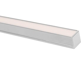 Nærbillede af Hide-a-lite Art profil high, 2 meter, med et lysende, opal hvidt LED-strip monteret indeni, hvilket viser den integrerede løsning.