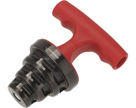 Rothenberger kalibrerings- og afgratningsværktøj med rødt T-håndtag og sort hoved med mål for 40, 50 og 63 mm rør.