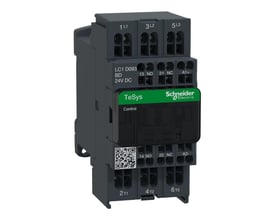 Detaljeret billede af Schneider Electric TeSys D kontaktor, der viser terminaler, mærkning og QR-kode på den sorte kontrolenhed.