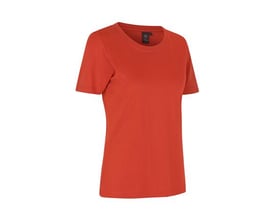 ID Identity T-shirt Pro til damer i koralfarve og størrelse XS, vist på en neutral hvid baggrund med kraven synlig.