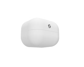 Shelly BLU Motion sensor, en hvid, kompakt Bluetooth bevægelsessensor med Shelly logo på en hvid baggrund.